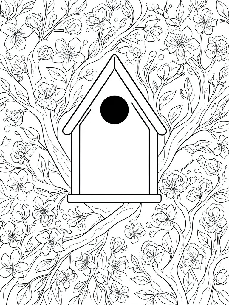 Line drawing of birdhouse with circular hole amid flowering tree branches.