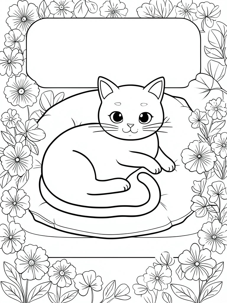 Line art of cute cat lounging on cushion amid floral border with blank banner above