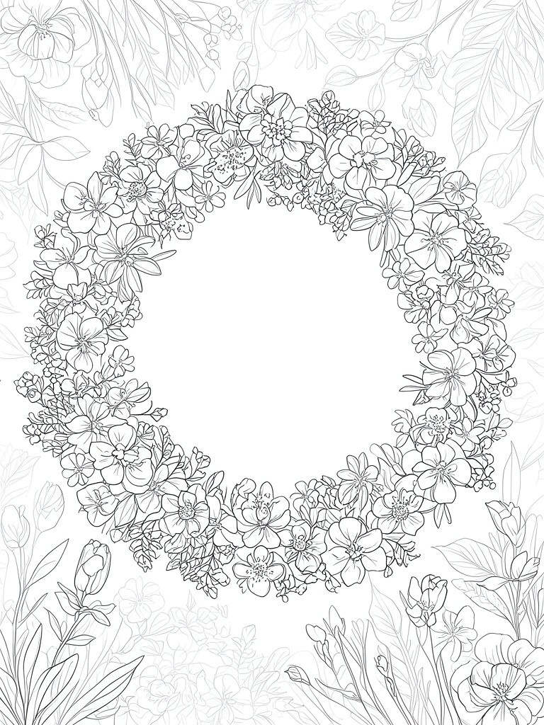 Black and white line drawing of a circular floral wreath with blooming flowers and leaves.