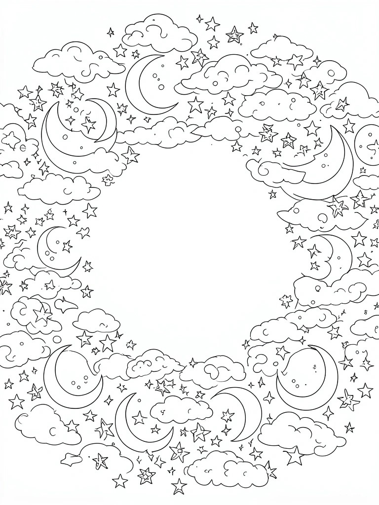 Coloring page with crescent moons, stars, and clouds in circular pattern.