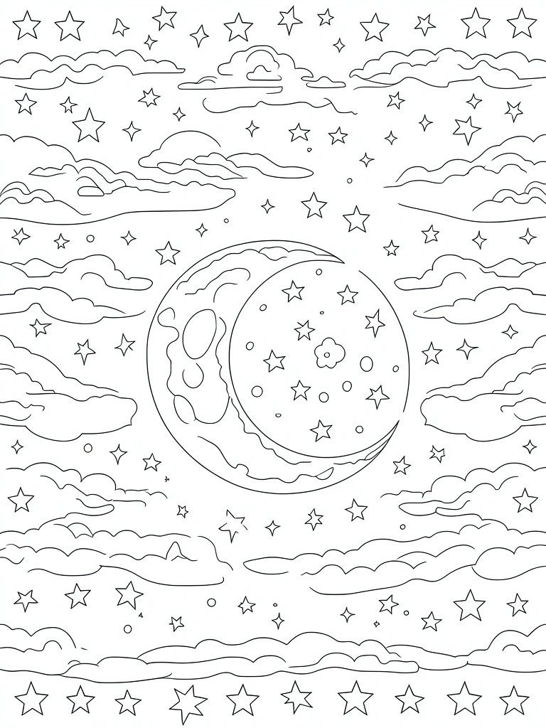 Night sky coloring page with crescent moon, stars, and clouds