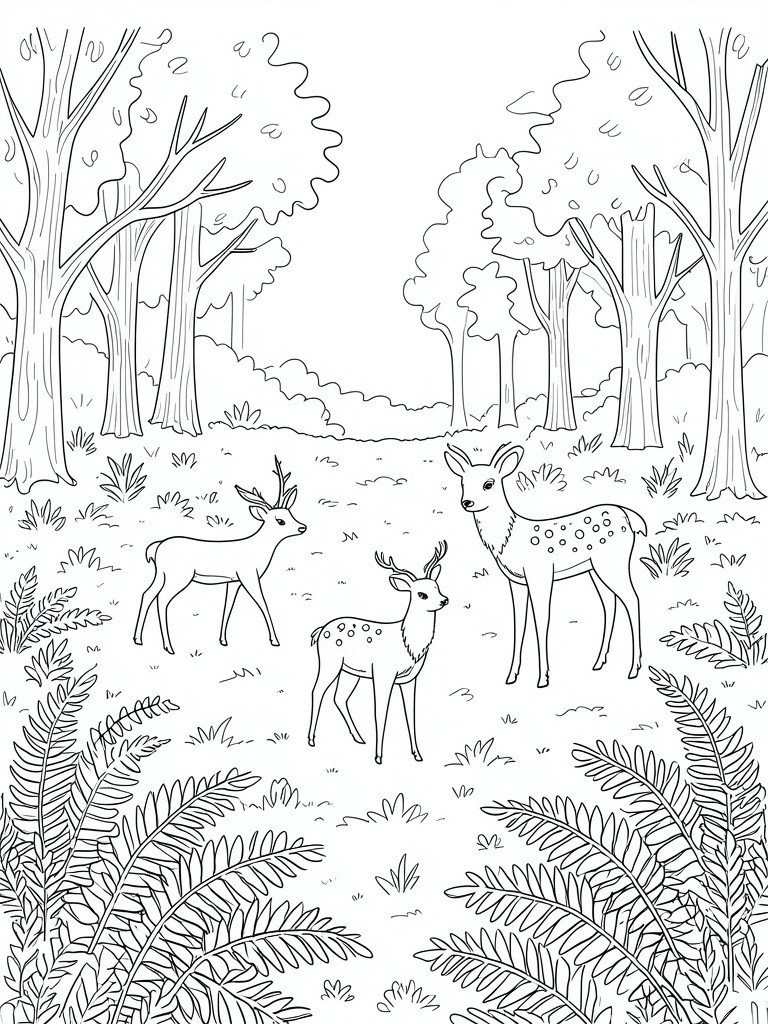 Coloring page of three deer in forest clearing with trees and ferns