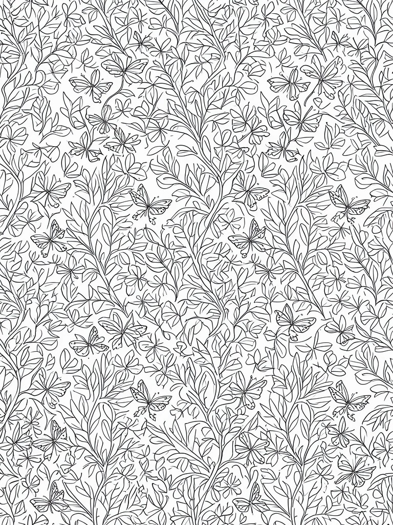 A black and white line drawing of dense intertwined vines, leaves, flowers, and butterflies filling the entire page in a repeating pattern.