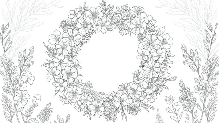 22 Beginner-Friendly Relaxing Coloring Pages for Low-Pressure Coloring Black and white line drawing of a circular floral wreath with blooming flowers and leaves.