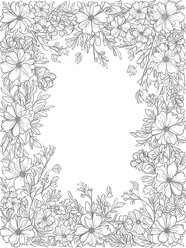 Black and white line art of flowers and leaves forming a floral border
