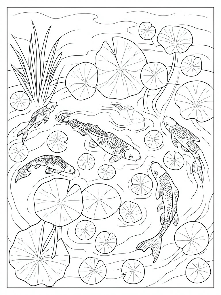 Black and white line drawing of multiple koi fish swimming among lily pads and reeds in a pond.