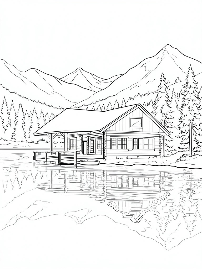 Line drawing of log cabin by reflective mountain lake with trees and boat.