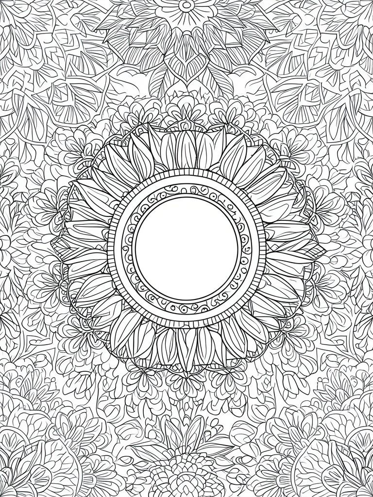 Intricate black-and-white mandala with floral patterns surrounding a blank central circle