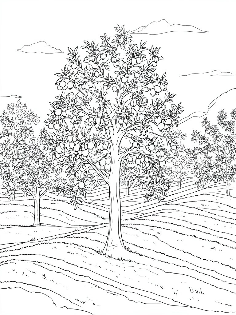 Black and white line drawing of fruit trees in a hilly orchard landscape.