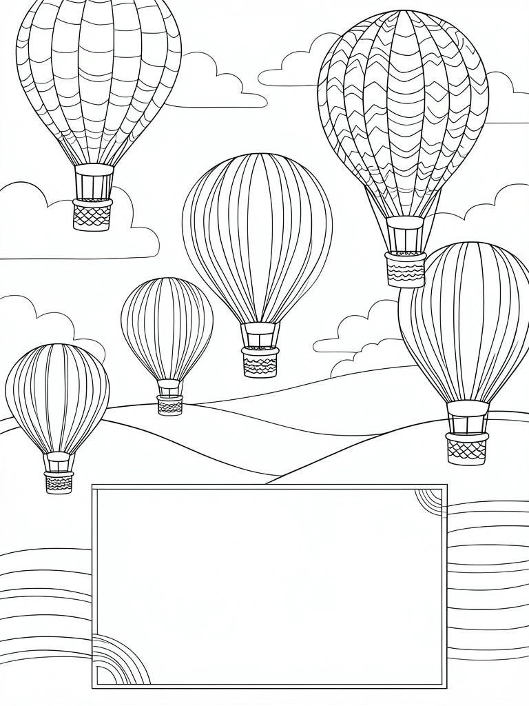 A black and white coloring page shows multiple hot air balloons with various patterns floating above hills and clouds, with a blank rectangle at the bottom.