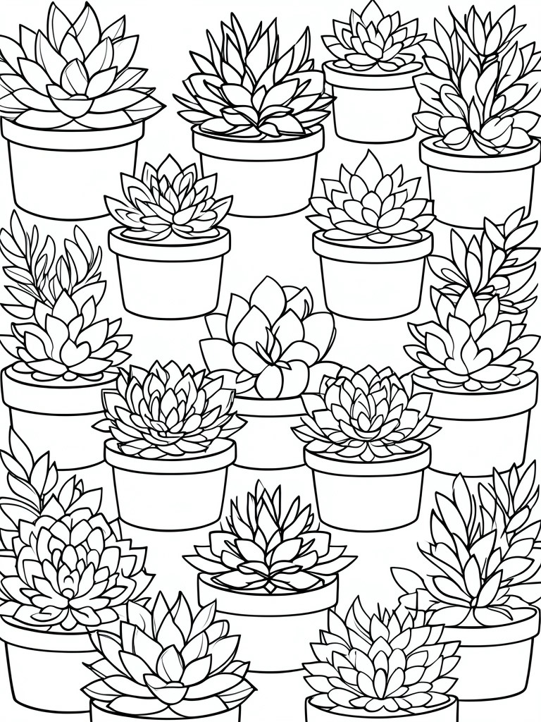 Black and white line drawing of many potted succulents in rows