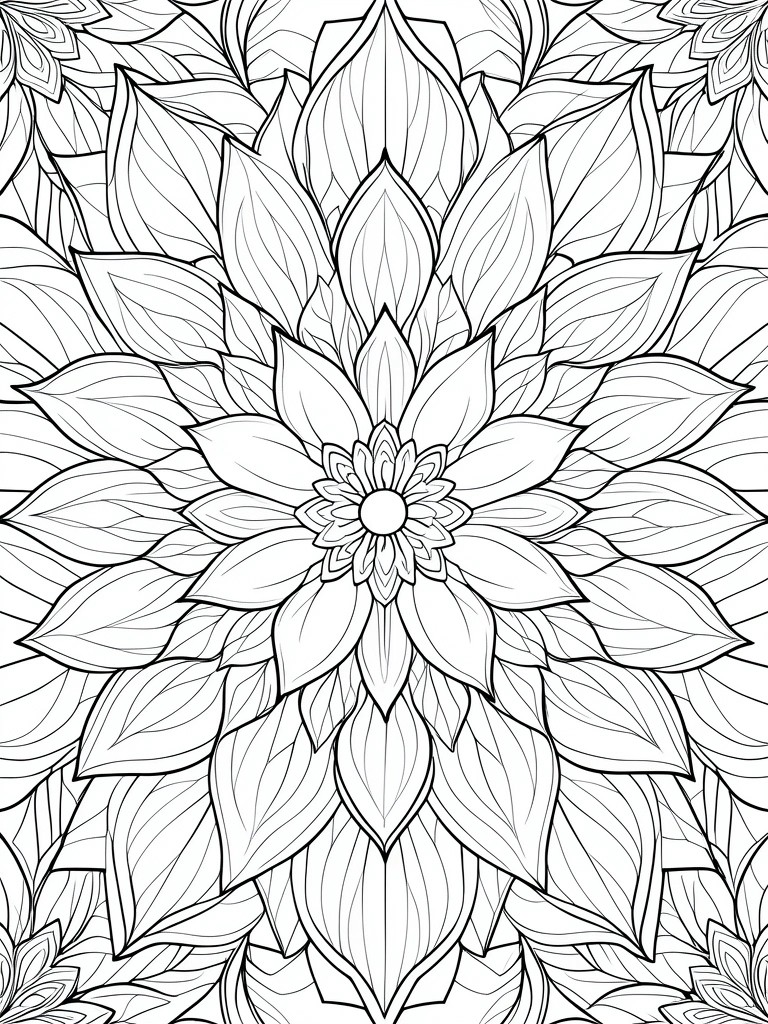 A black and white line drawing of a large symmetrical flower mandala with multiple layers of petals and surrounding leaves.