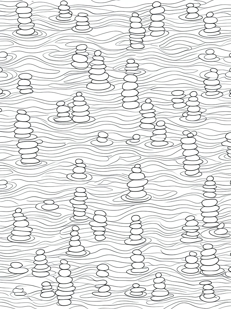 Coloring page showing multiple stacks of rounded stones set in water indicated by wavy lines.
