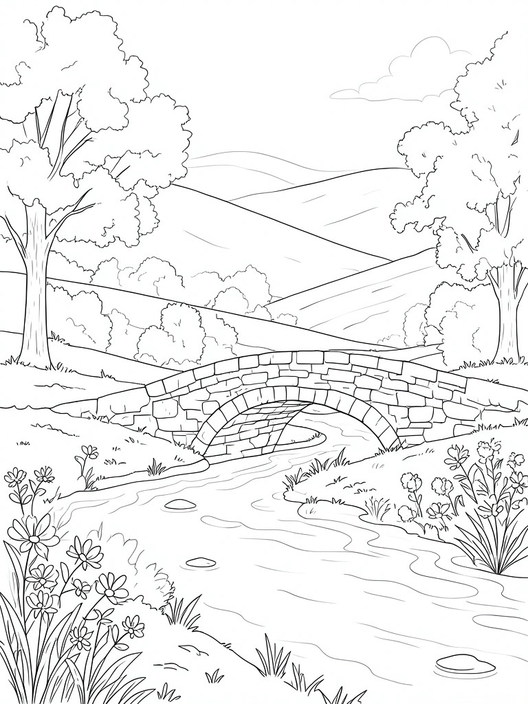 A black and white line drawing of a stone bridge over a stream with trees, hills, flowers, and rocks.