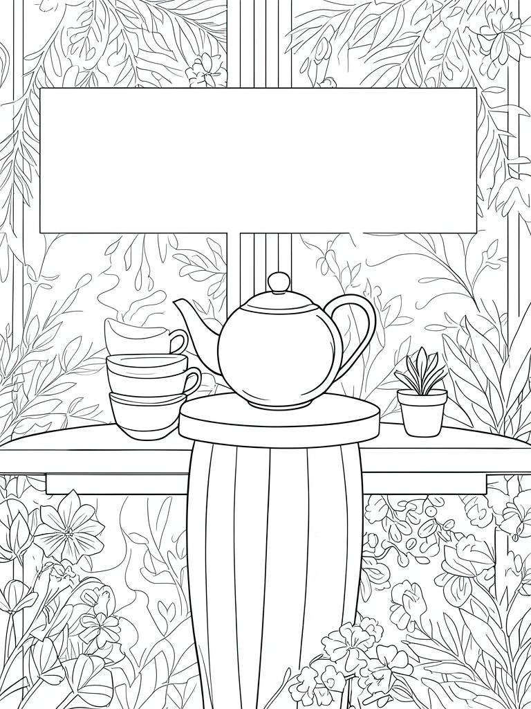 Line art of teapot with stacked cups on table by window amid flowers.