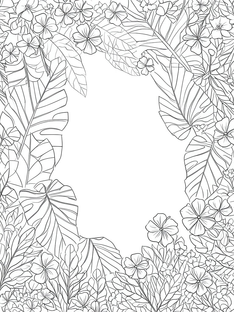 Black and white tropical leaves and flowers forming a decorative border frame.