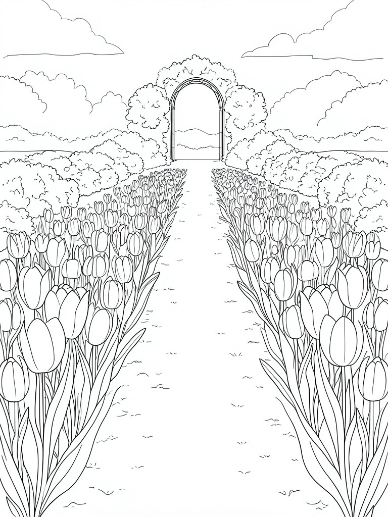 Line art of tulips lining a path to a garden arch under clouds