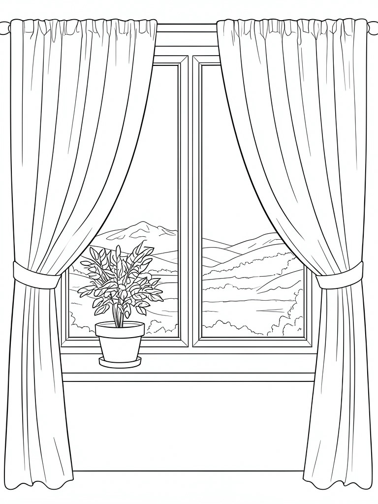 Line drawing of window with tied curtains, potted plant on sill, and mountain view.