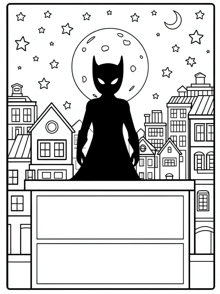 A coloring page shows a silhouetted superhero with pointed ears standing on a rooftop ledge in front of a large moon, with a city skyline and stars in the background plus two blank rectangles at the bottom.