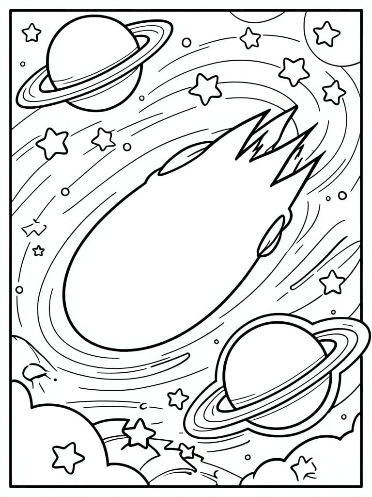 Coloring page with planets, stars, comet, and swirling space lines