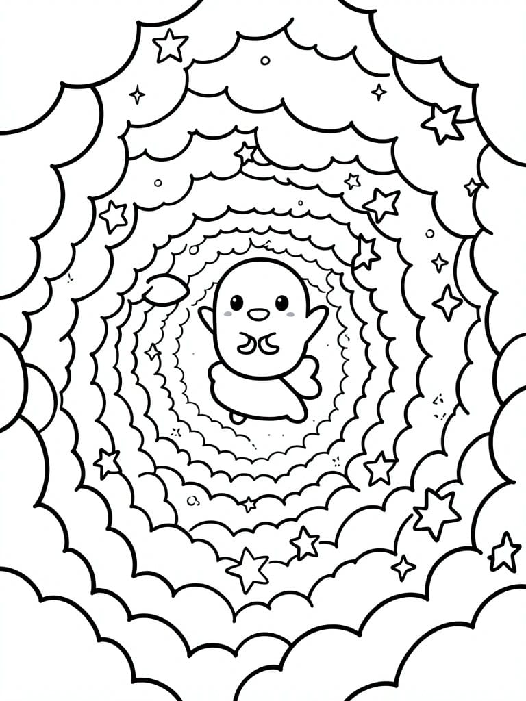 A coloring page shows a small cartoon superhero with a cape centered in a round design of layered clouds and scattered stars.