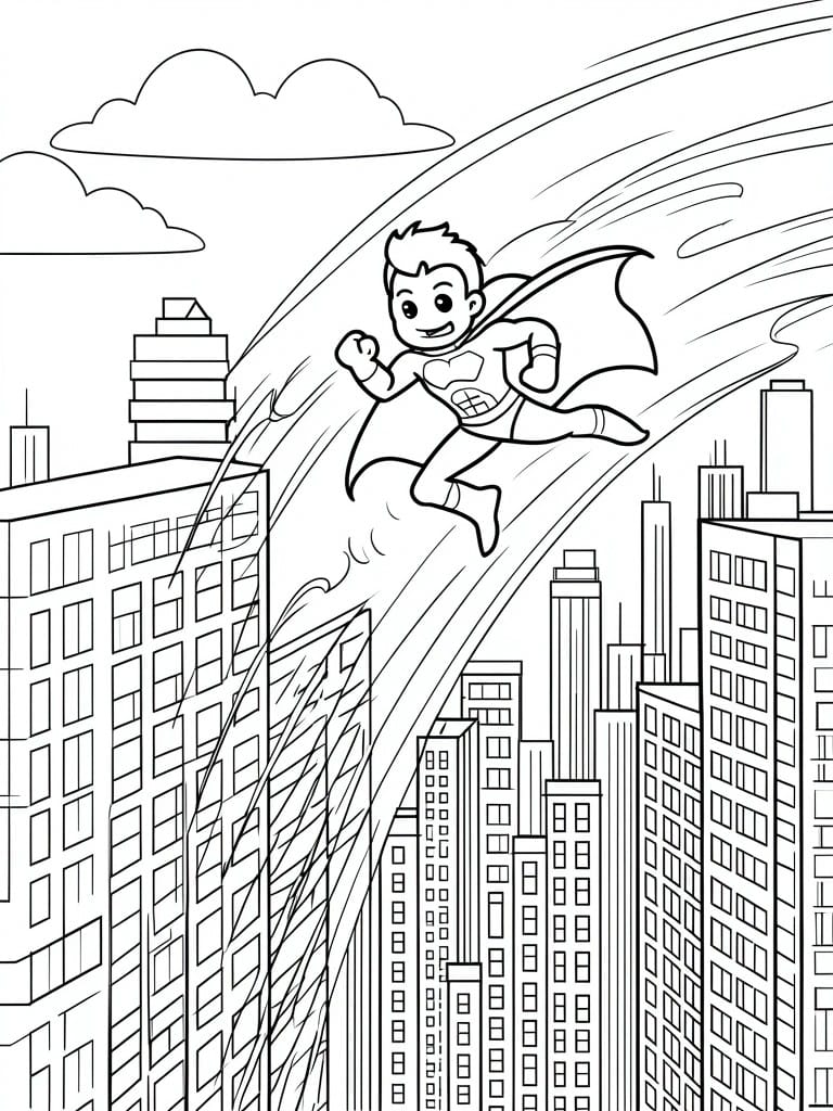 A black and white line drawing of a superhero flying above city skyscrapers with motion lines in the background.