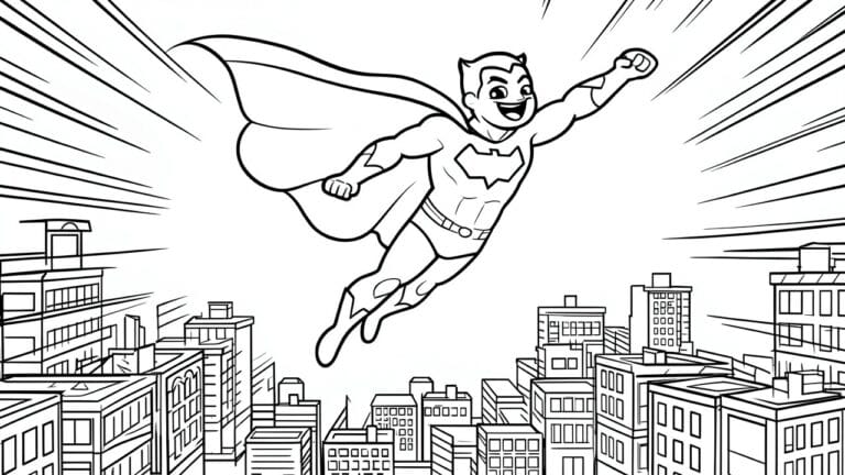 A coloring page shows a young superhero flying above city buildings with a flowing cape and radiating speed lines.