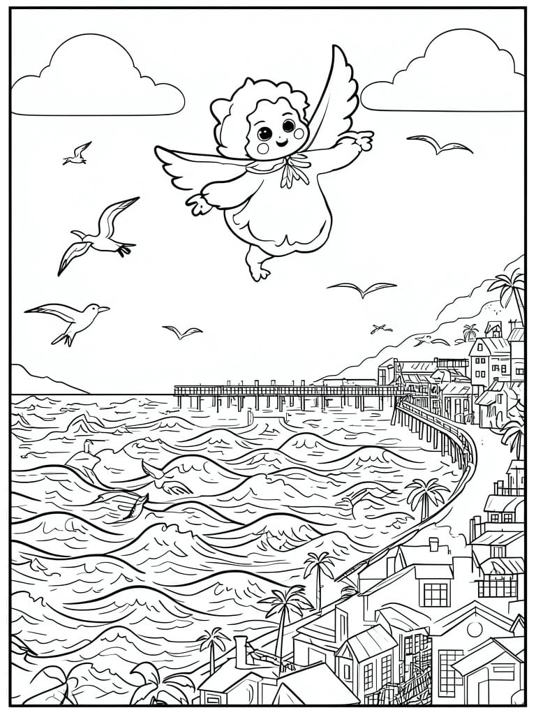 A line drawing of a winged cherub-like character flying above a coastal scene with waves, a pier, buildings, palm trees, and birds.