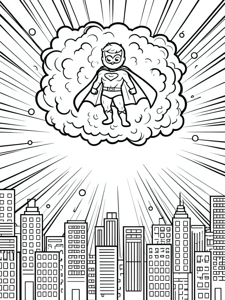 A black and white coloring page shows a superhero flying out of a cloud above a city skyline with radiating speed lines.