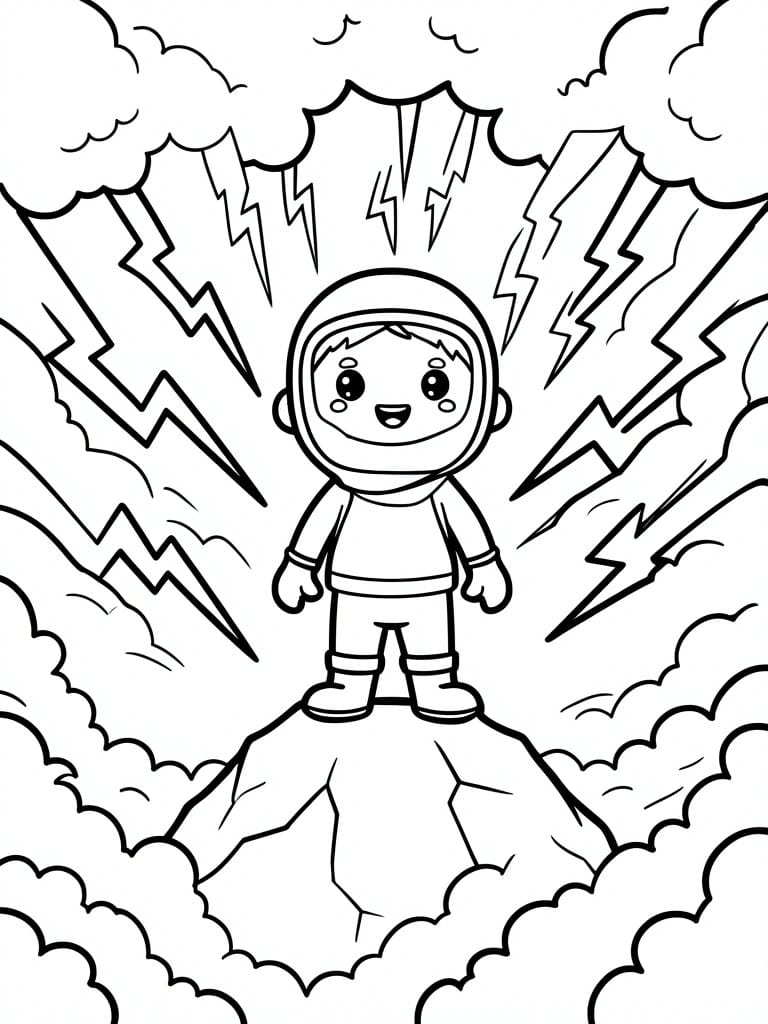 Coloring page of smiling astronaut child on mountain peak with lightning and clouds