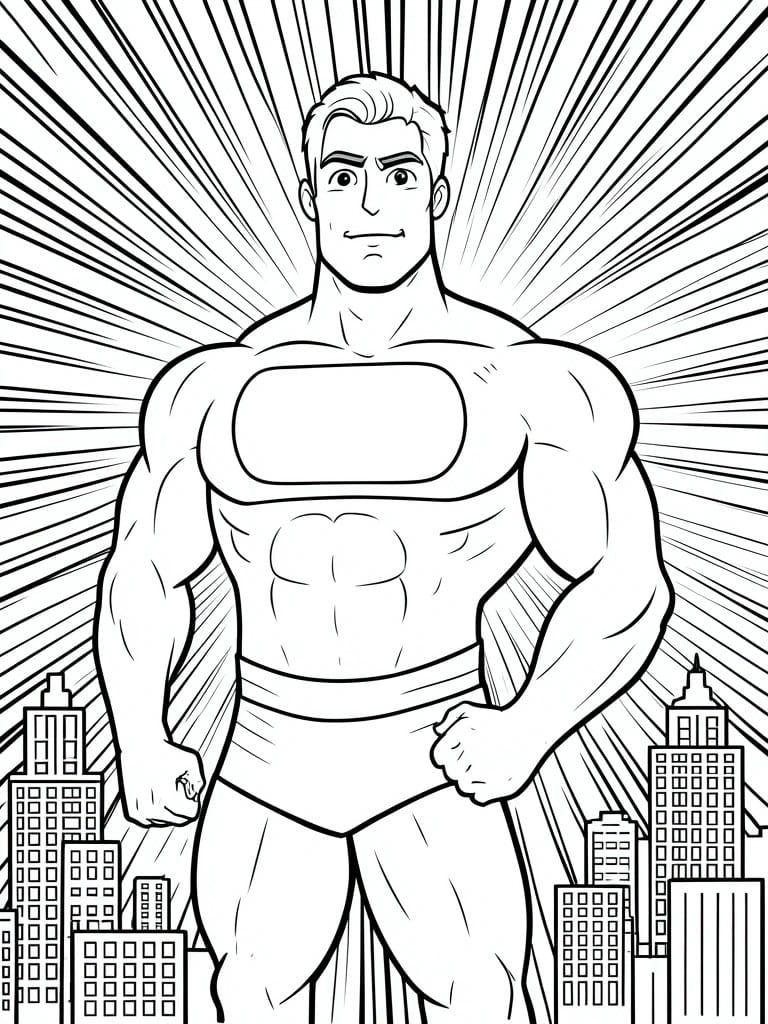 A black and white line drawing of a muscular superhero posing in front of city buildings with radiating lines in the background.