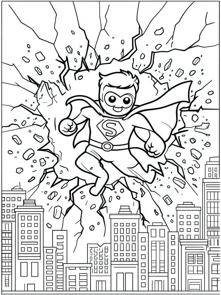 Superhero boy with cape and S emblem bursting through cracked wall above city