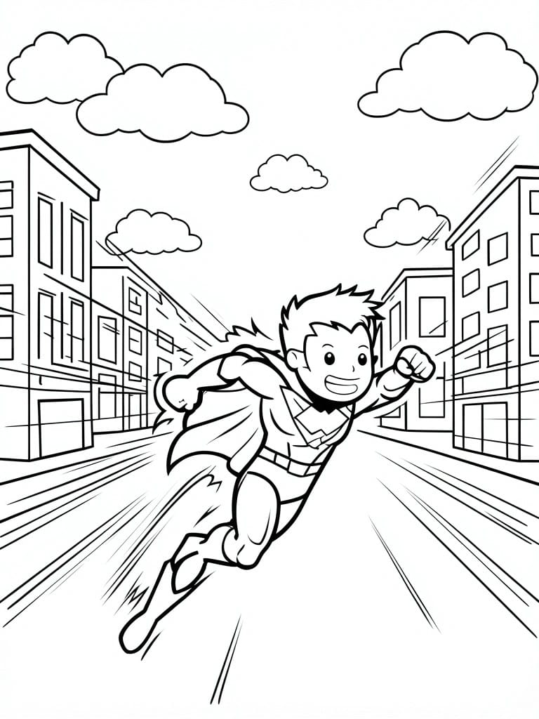 Superhero boy with cape flying between city buildings amid motion lines and clouds