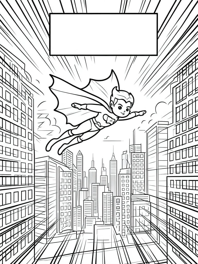 Black and white line drawing of a superhero flying over skyscrapers with motion lines and a blank rectangle at the top.