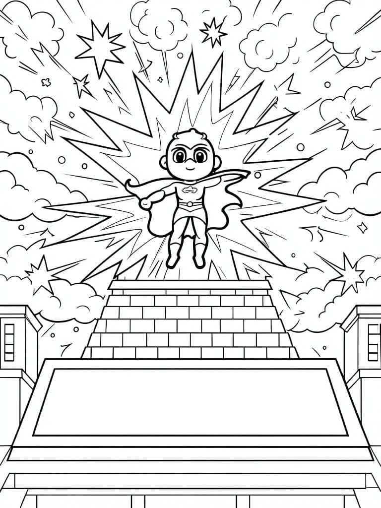 A coloring page shows a caped superhero flying above stairs with explosion lines, stars, and clouds in the background.