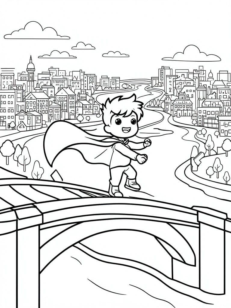A line drawing of a young boy in a cape striking a superhero pose on a bridge above a river with a city skyline behind him.