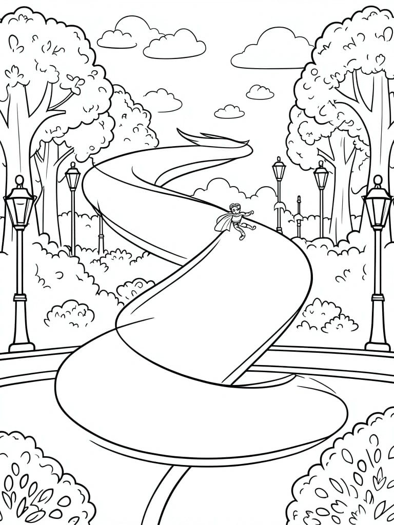 Coloring page of caped superhero on curving path through park with trees and lamps