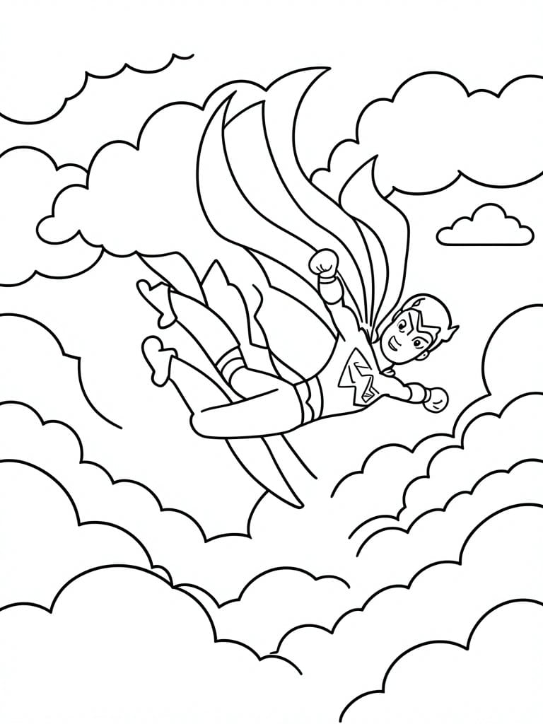 A black and white line drawing of a superhero flying through clouds with a flowing cape and outstretched arms.