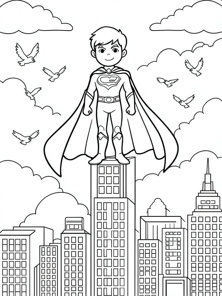 Superhero boy stands on skyscraper above city skyline with flying birds