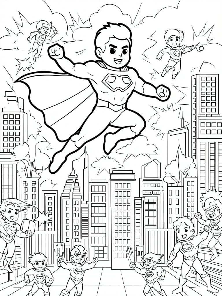 Superhero coloring page with heroes flying over city buildings in action poses