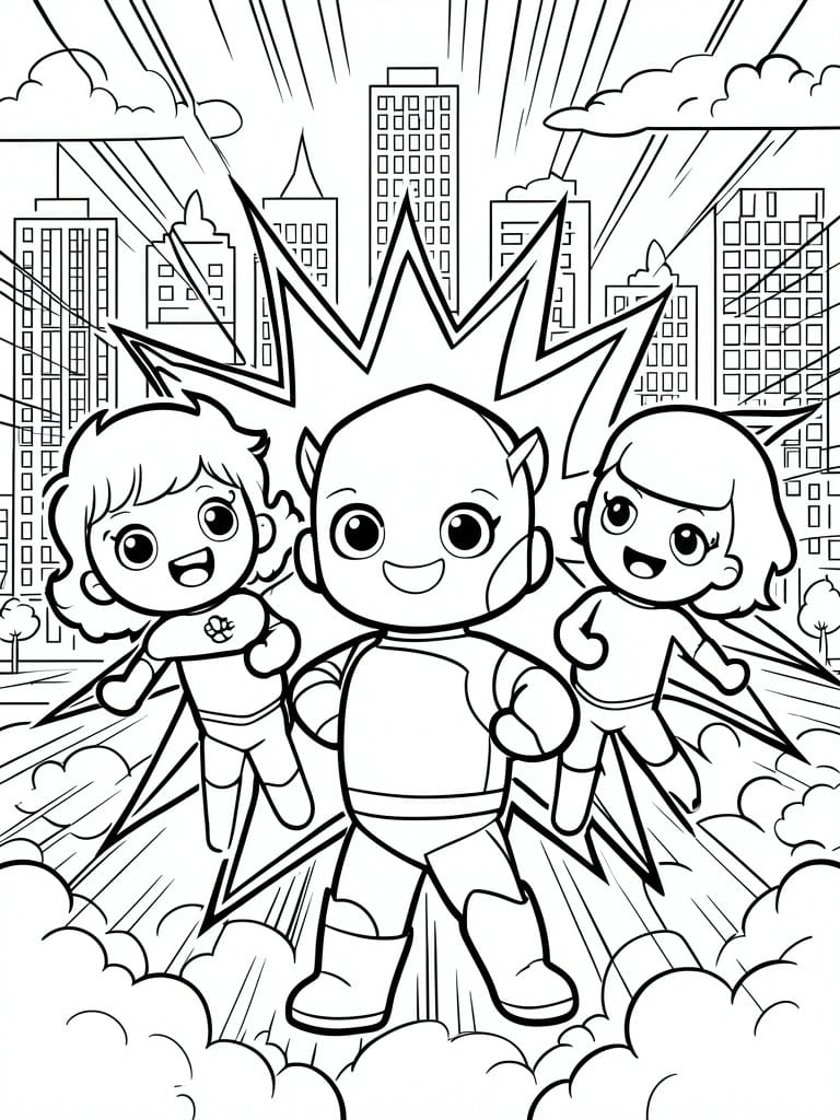 Three cartoon kids in superhero costumes flying over a city skyline