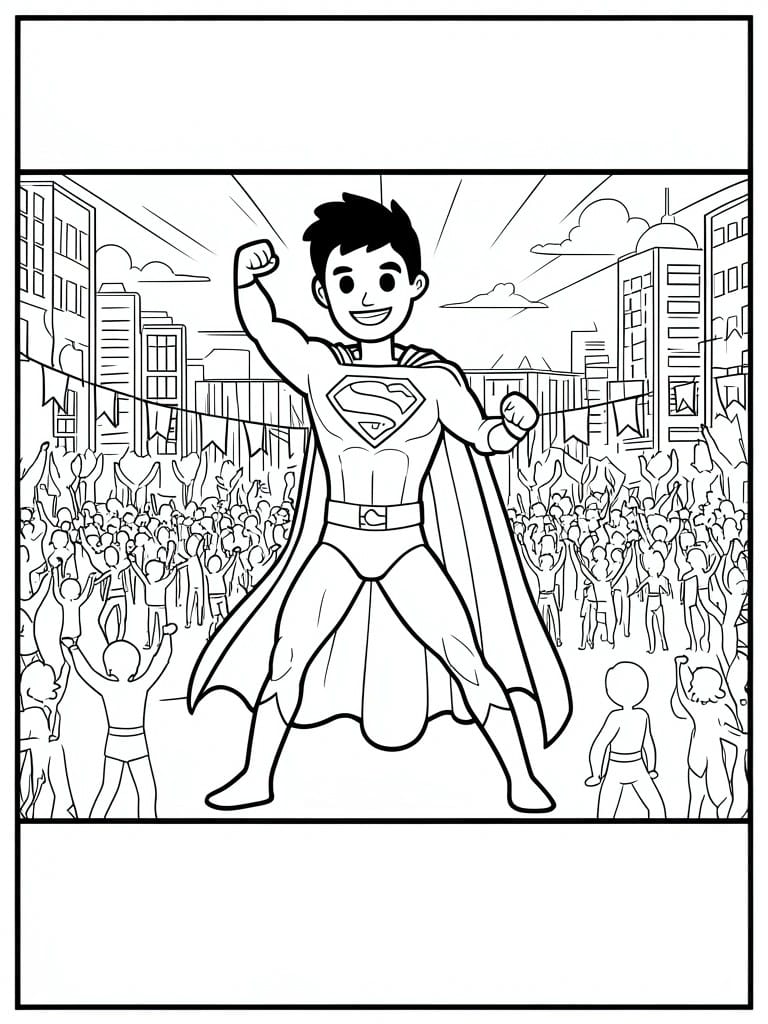A black and white coloring page of a superhero posing with raised fist in front of a cheering crowd in a city with tall buildings.