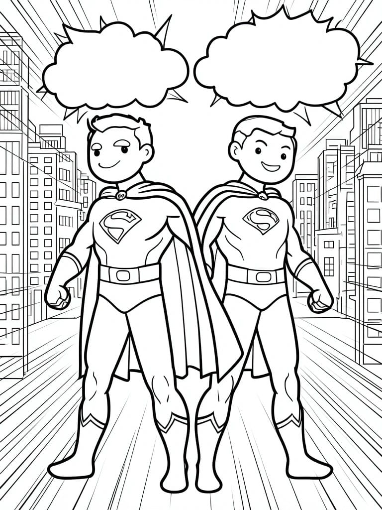 Two cartoon Supermen with capes and speech bubbles on a city street