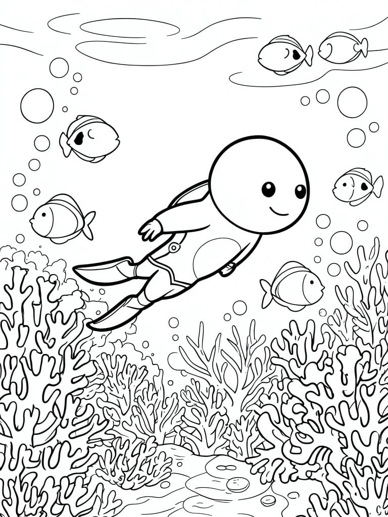 Coloring page of smiling diver swimming among fish, coral, and bubbles underwater