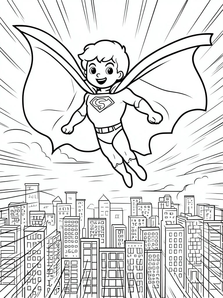 A coloring page shows a young superhero flying above city buildings with a flowing cape and radiating speed lines.