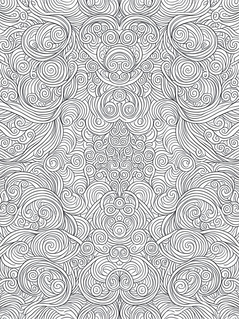 Intricate black and white pattern of dense spirals, swirls, and flowing curves
