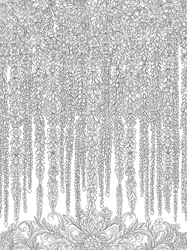 Intricate black and white line drawing of cascading floral vines and blossoms