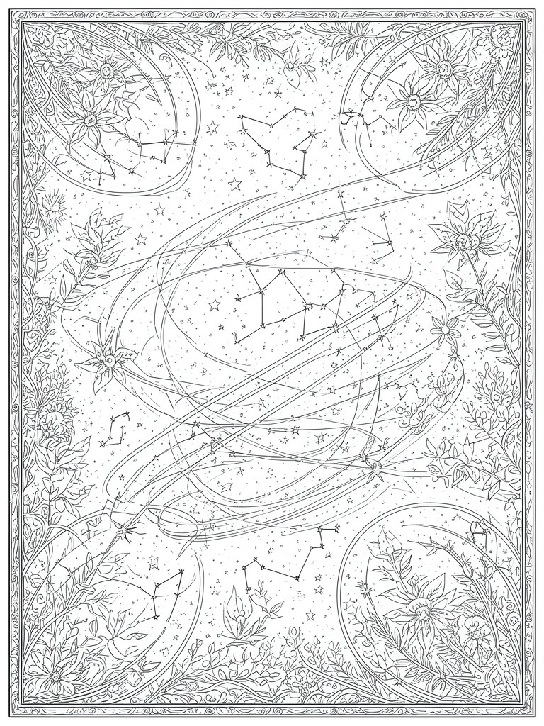 A black and white coloring page with multiple constellations, stars, and detailed floral borders featuring flowers and vines.