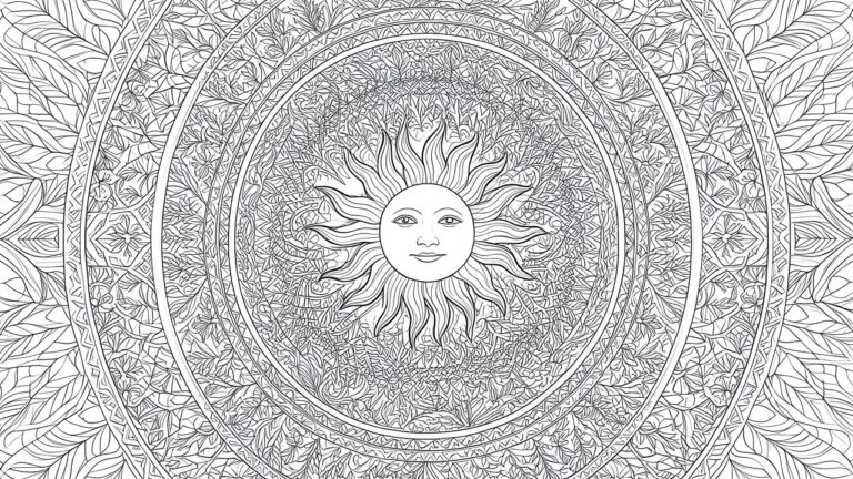 21 Calming Mindfulness Coloring Pages for Quiet Self-Care Moments A black and white mandala coloring page showing a central sun with a face surrounded by concentric rings of leaf and floral patterns.