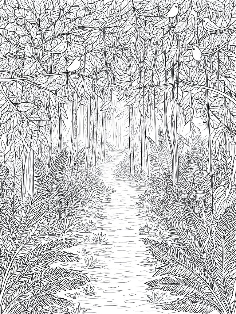 Black and white forest path illustration with tall trees, ferns, and perched birds.